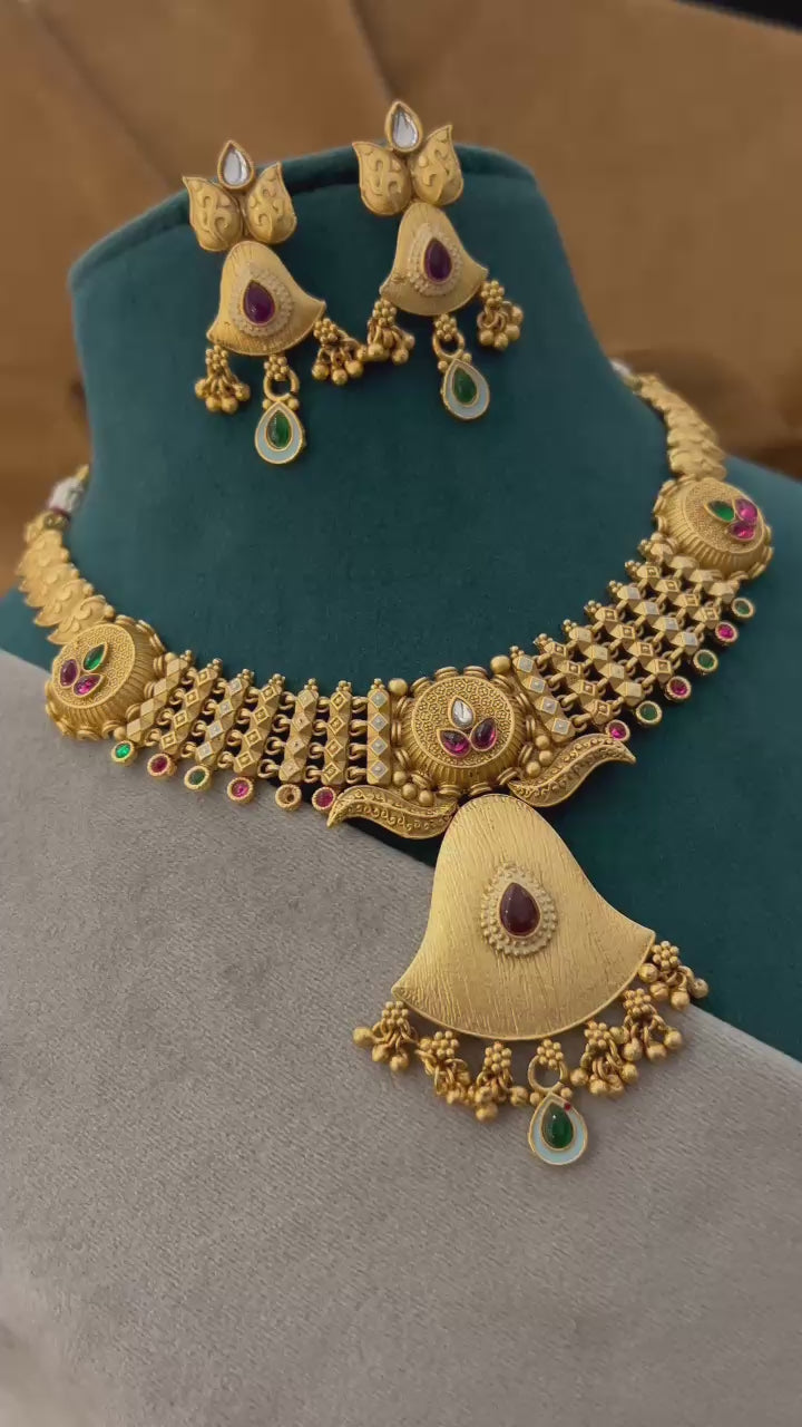 Grand Heritage Temple Necklace Set with Matte Finish & Designer Pendant